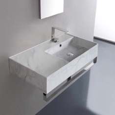 Marble Design Ceramic Wall Mounted Sink With Counter Space, Towel Bar Included